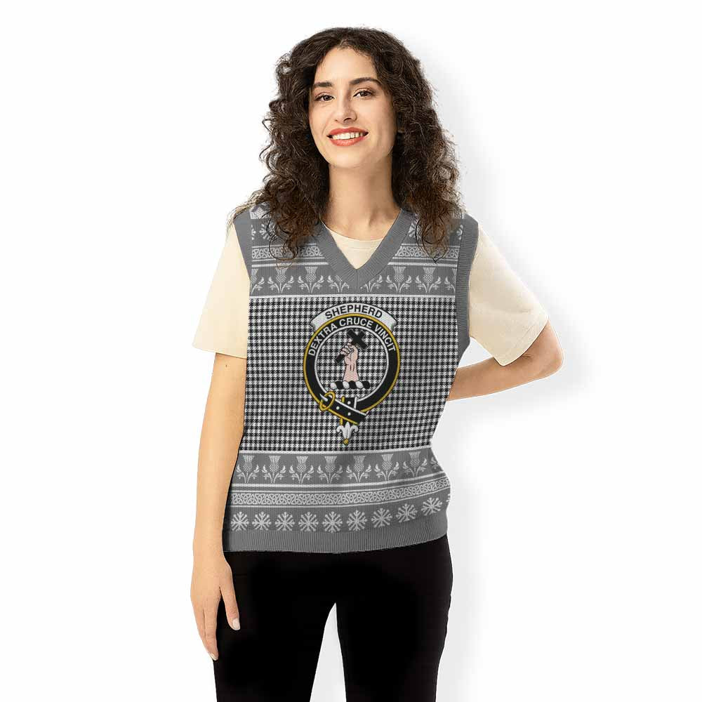 Shepherd Clan Tartan Christmas Knitted V-Neck Vest with Family Crest - Tartan Vibes Clothing
