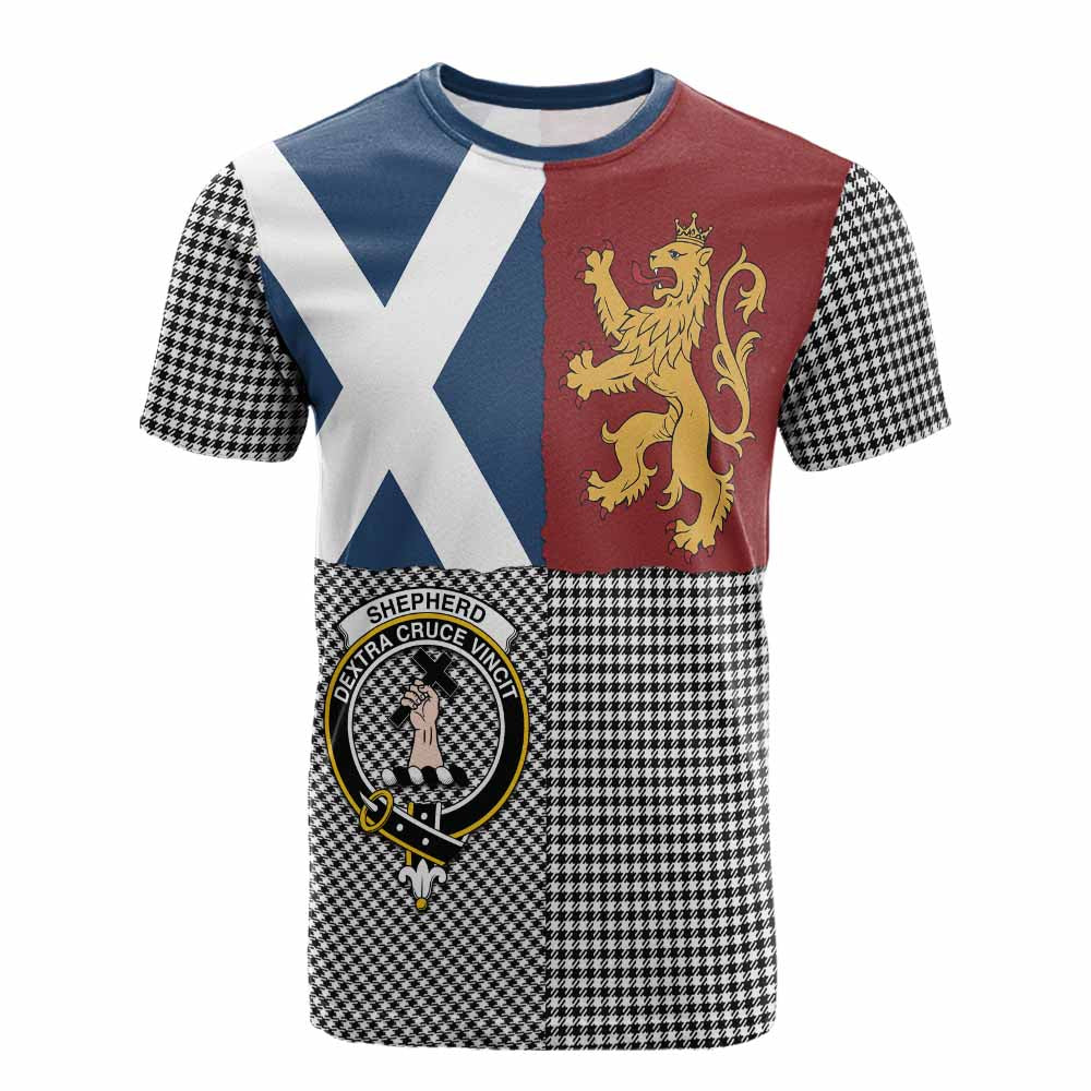Shepherd Crest Tartan Cotton T-shirt with Lion Rampant Saltire Style - Tartan Vibes Clothing
