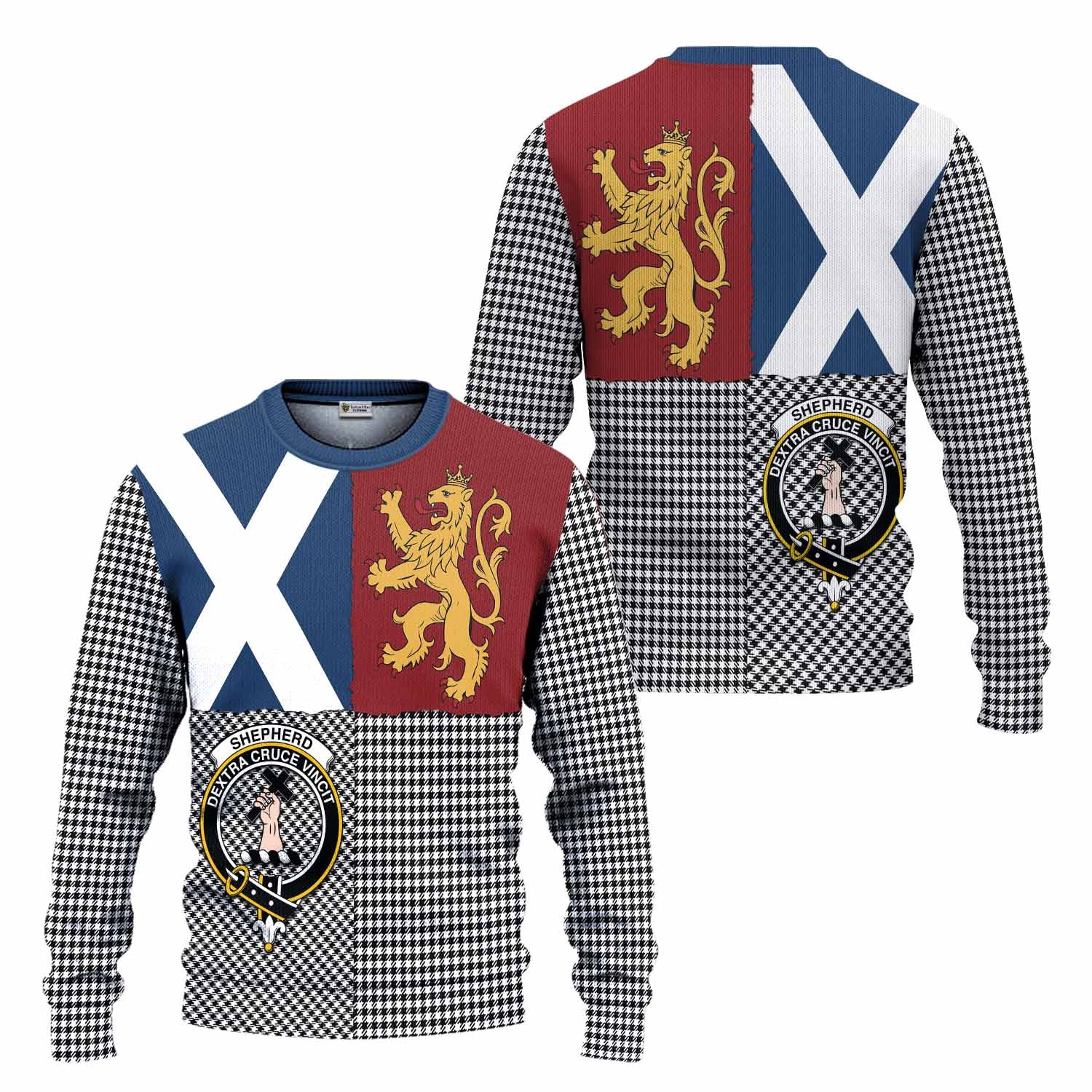 Shepherd Crest Tartan Knitted Sweater with Lion Rampant Saltire Style