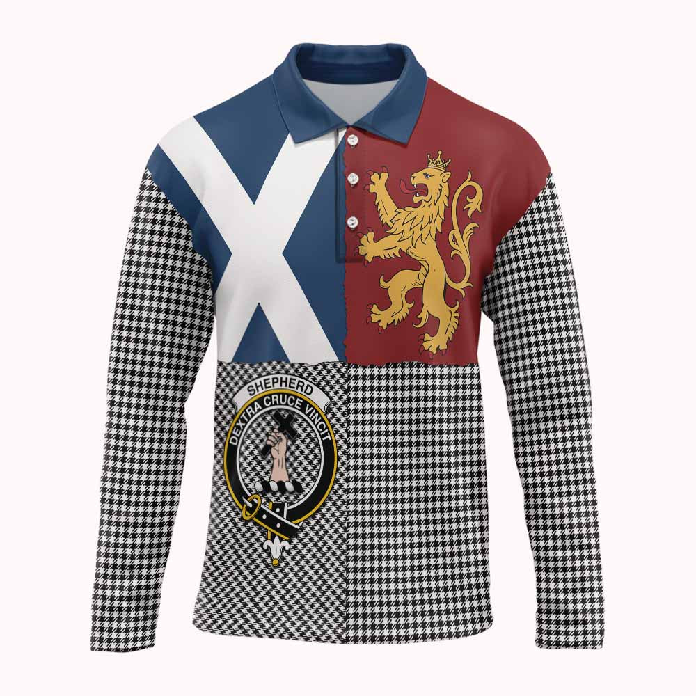 Shepherd Crest Tartan Long Sleeve Polo Shirt with Lion Rampant Saltire Style