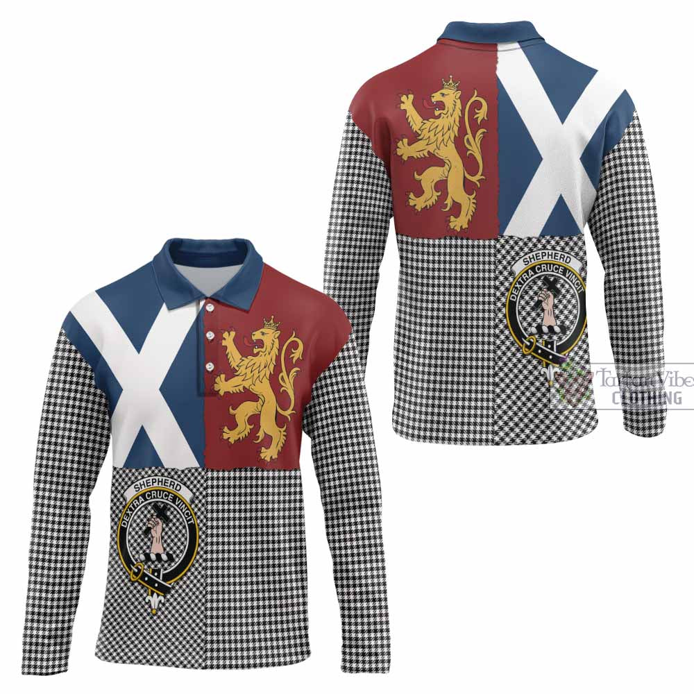Shepherd Crest Tartan Long Sleeve Polo Shirt with Lion Rampant Saltire Style