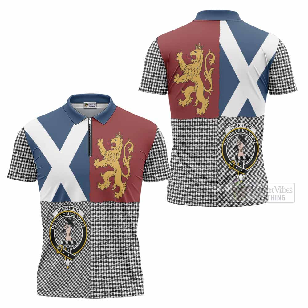 Shepherd Crest Tartan Zipper Polo Shirt with Lion Rampant Saltire Style