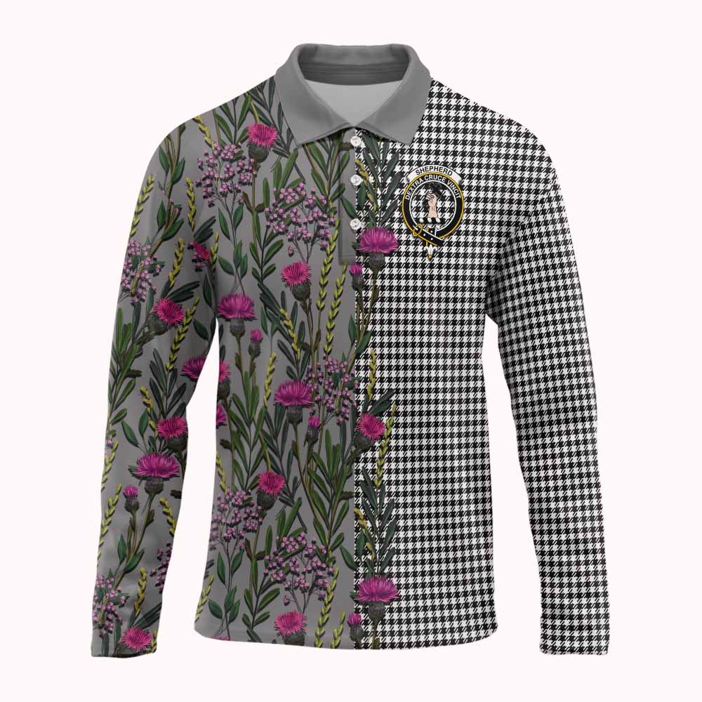 Shepherd Family Crest Tartan Long Sleeve Polo Shirt Scottish Thistle Flower Pattern Half Style - Tartan Vibes Clothing