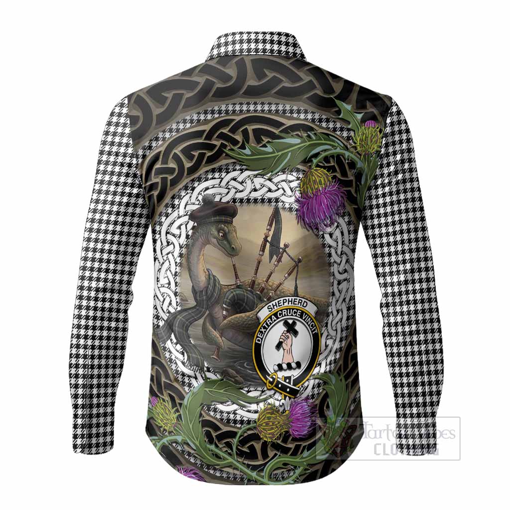 Shepherd Tartan Crest Bagpipe Nessie Long Sleeve Button Shirts Scottish Loch Ness Monster Celtic Thistle