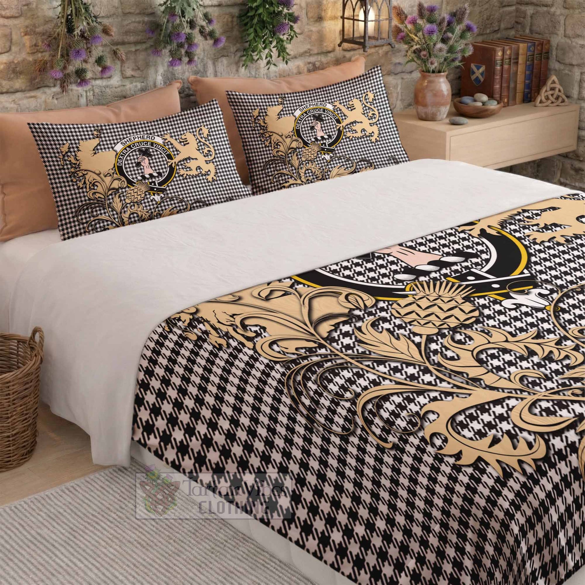 Shepherd Tartan Crest Bedding Set with Scottish Iconic Symbols 