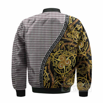 Shepherd Tartan Crest Bomber Jacket Celtic Knot and Triple Trickle Spiral Symbols
