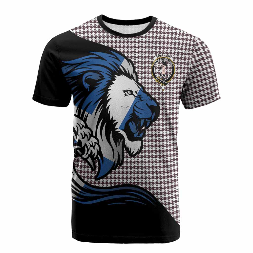 Shepherd Tartan Crest Cotton T-shirt Scottish Golden Lions Wave Flow