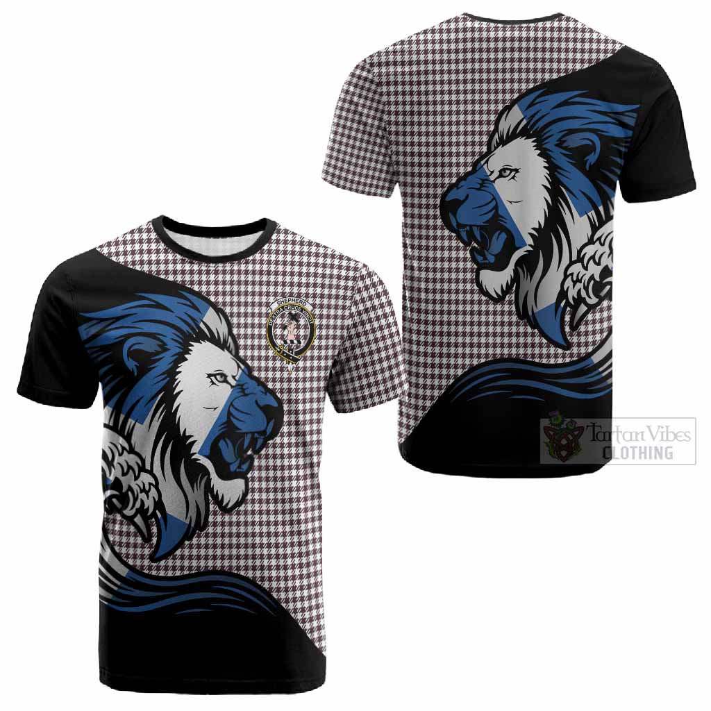 Shepherd Tartan Crest Cotton T-shirt Scottish Golden Lions Wave Flow