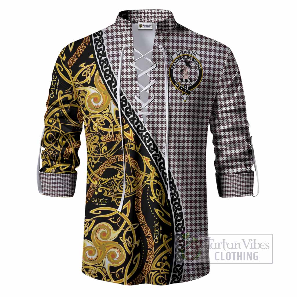 Shepherd Tartan Crest Ghillie Shirt Celtic Knot and Triple Trickle Spiral Symbols