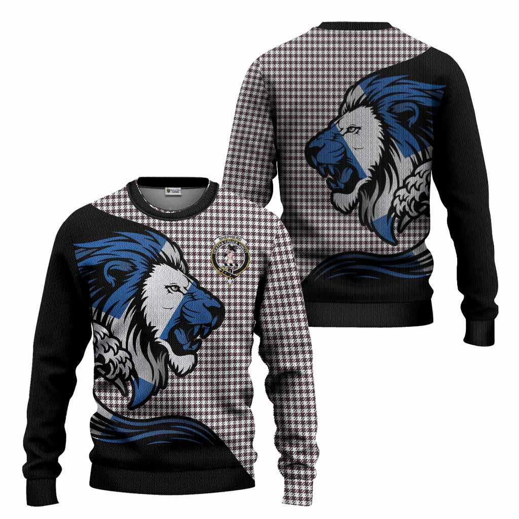 Shepherd Tartan Crest Knitted Sweater Scottish Golden Lions Wave Flow