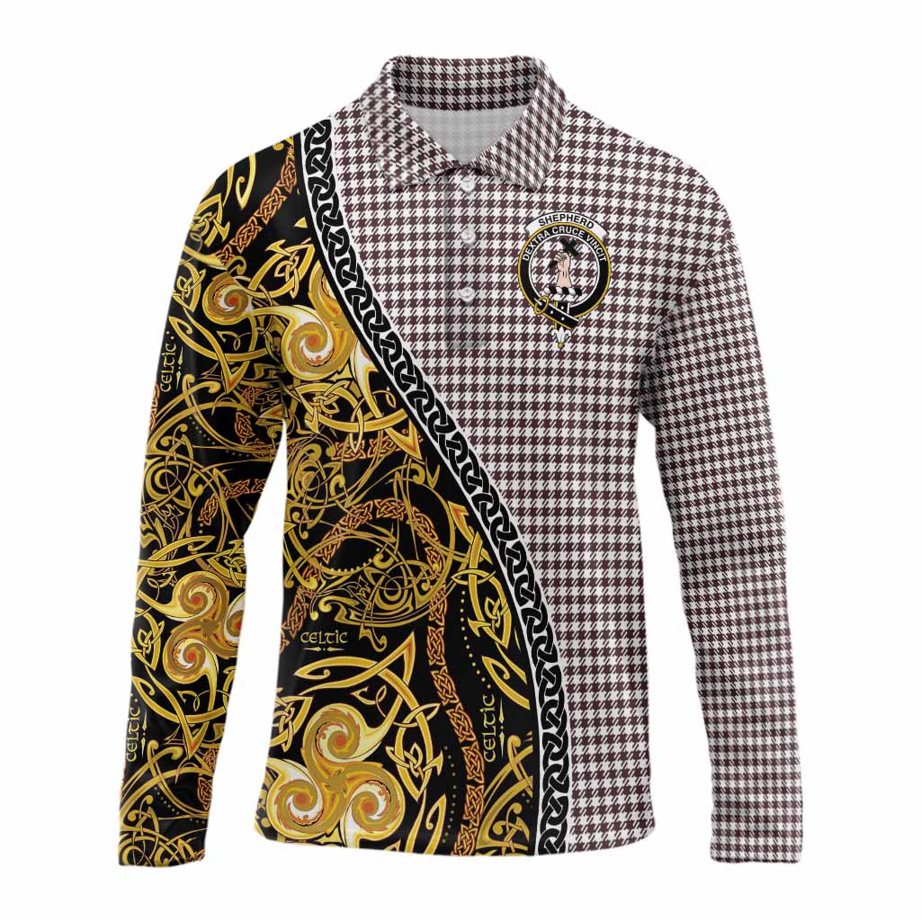 Shepherd Tartan Crest Long Sleeve Polo Shirt Celtic Knot and Triple Trickle Spiral Symbols
