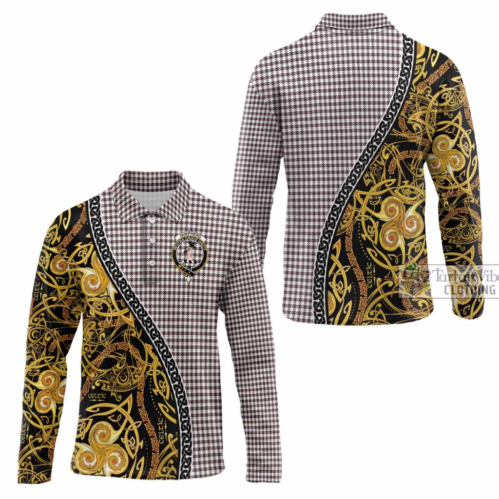 Shepherd Tartan Crest Long Sleeve Polo Shirt Celtic Knot and Triple Trickle Spiral Symbols