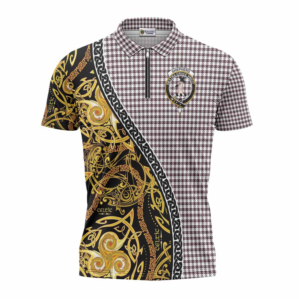 Shepherd Tartan Crest Zipper Polo Shirt Celtic Knot and Triple Trickle Spiral Symbols