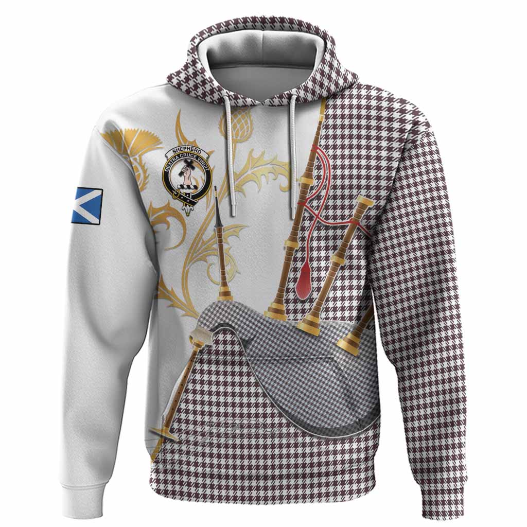 Shepherd Tartan Family Crest Hoodie Bagpipes with Scottish Thistle