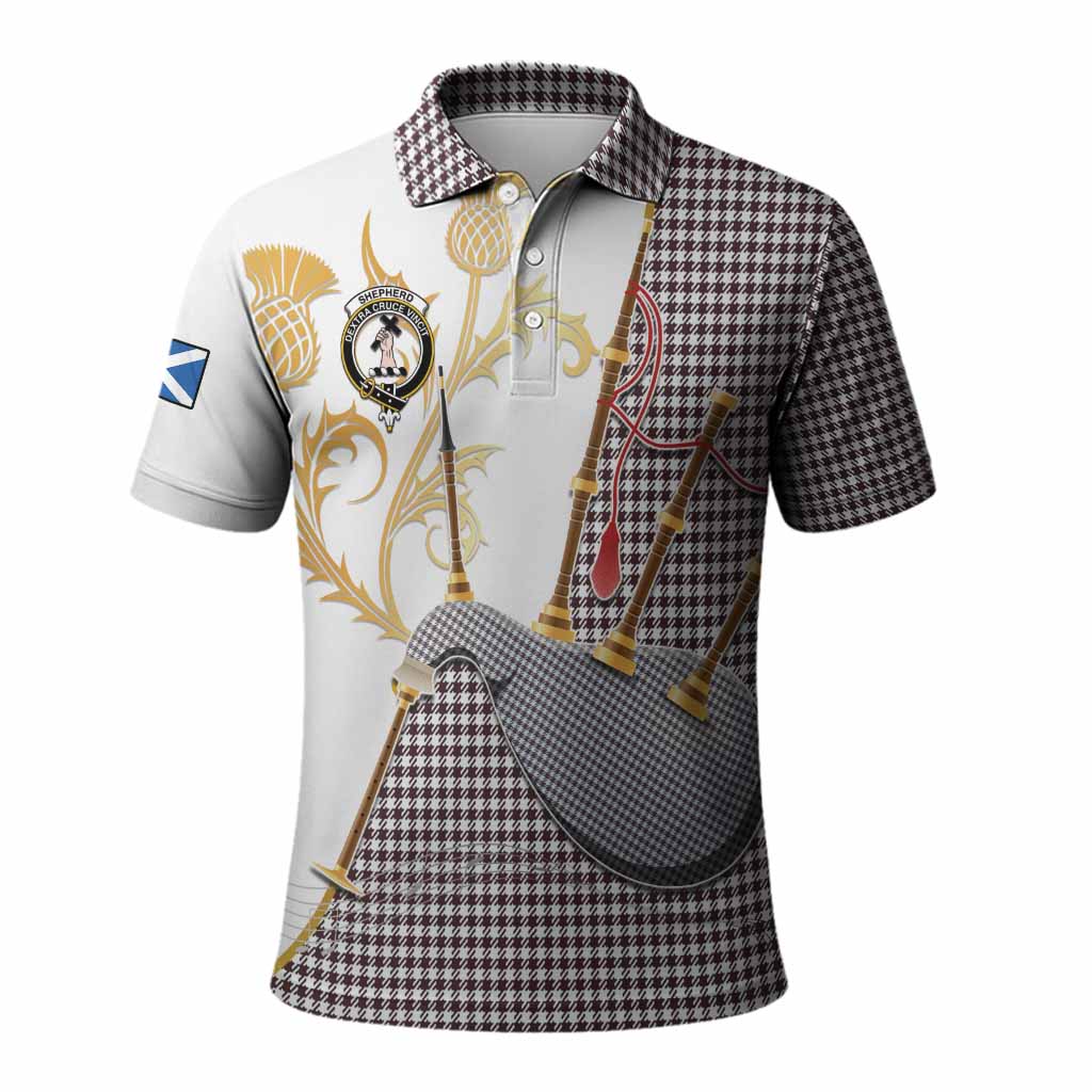 Shepherd Tartan Family Crest Polo Shirt Bagpipes with Scottish Thistle
