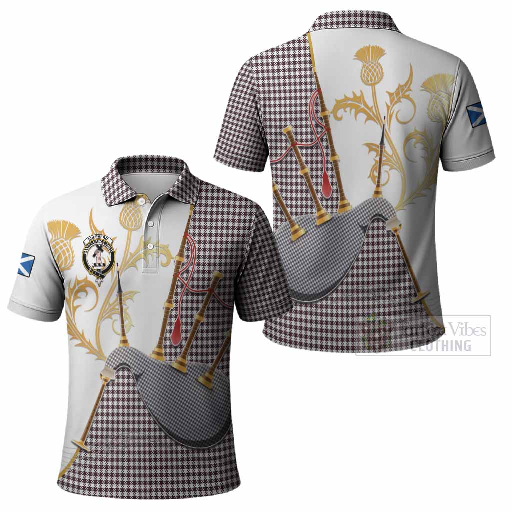 Shepherd Tartan Family Crest Polo Shirt Bagpipes with Scottish Thistle