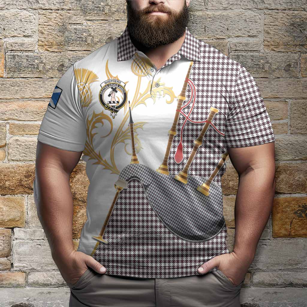 Shepherd Tartan Family Crest Polo Shirt Bagpipes with Scottish Thistle