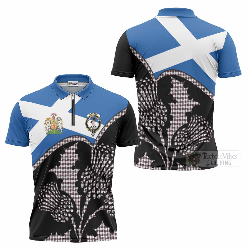 Shepherd Tartan Family Crest Zipper Polo Shirt Scotland Thistle Floral Flag Style