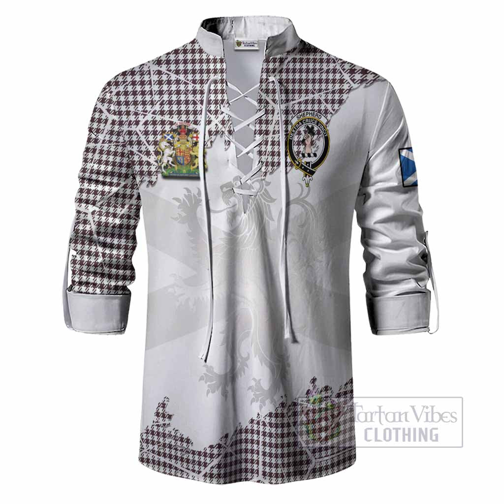 Shepherd Tartan Ghillie Shirt with Family Crest and Lion Rampant Grunge Style
