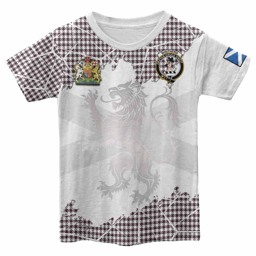 Shepherd Tartan Kid T-shirt with Family Crest and Lion Rampant Grunge Style
