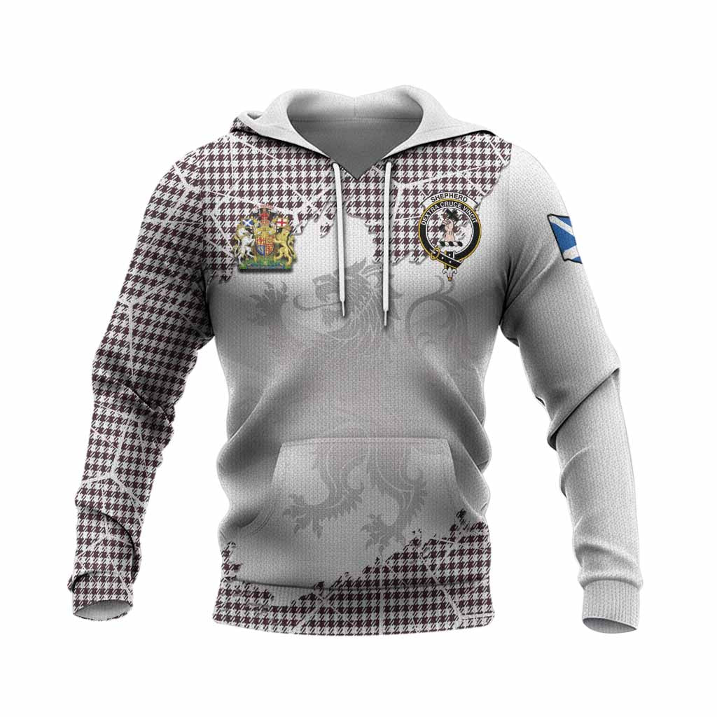 Shepherd Tartan Knitted Hoodie with Family Crest and Lion Rampant Grunge Style