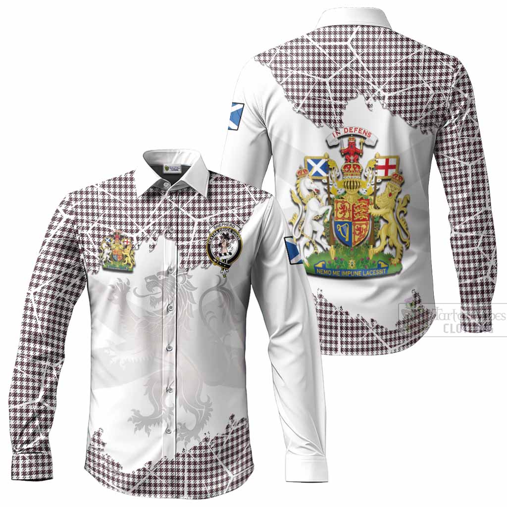 Shepherd Tartan Long Sleeve Button Shirts with Family Crest and Lion Rampant Grunge Style