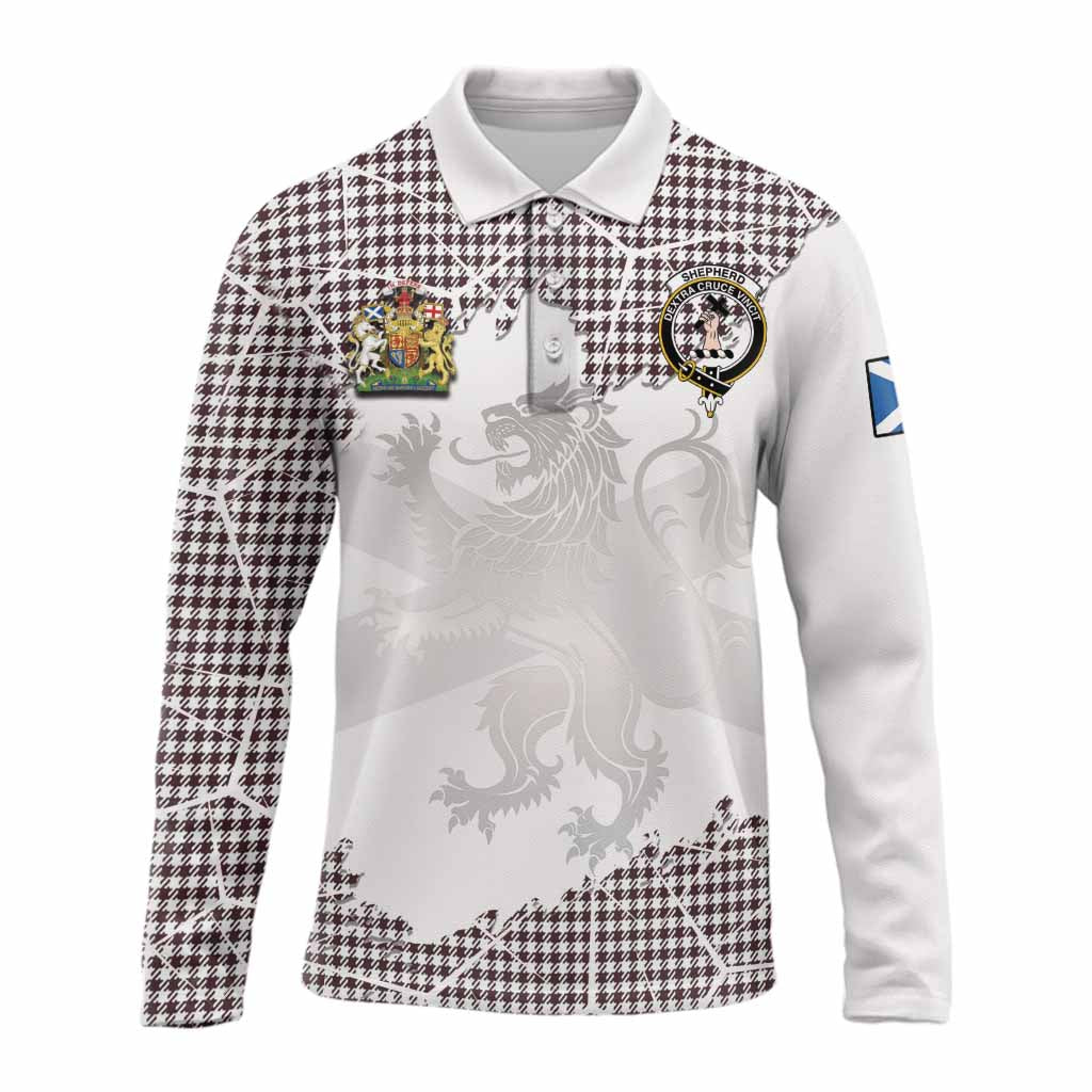 Shepherd Tartan Long Sleeve Polo Shirt with Family Crest and Lion Rampant Grunge Style