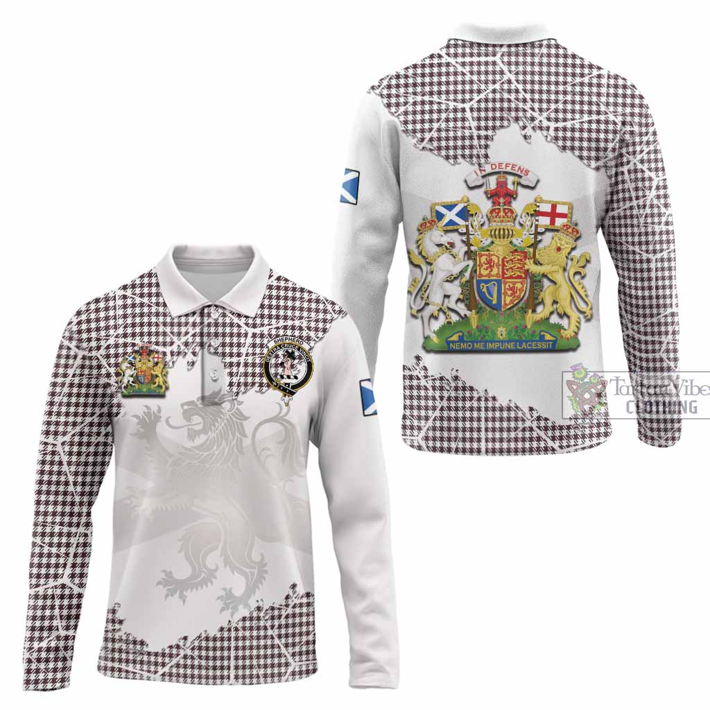 Shepherd Tartan Long Sleeve Polo Shirt with Family Crest and Lion Rampant Grunge Style