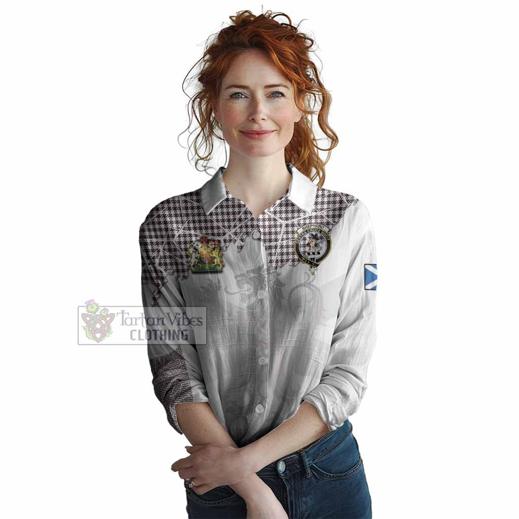 Shepherd Tartan Women Casual Shirt with Family Crest and Lion Rampant Grunge Style