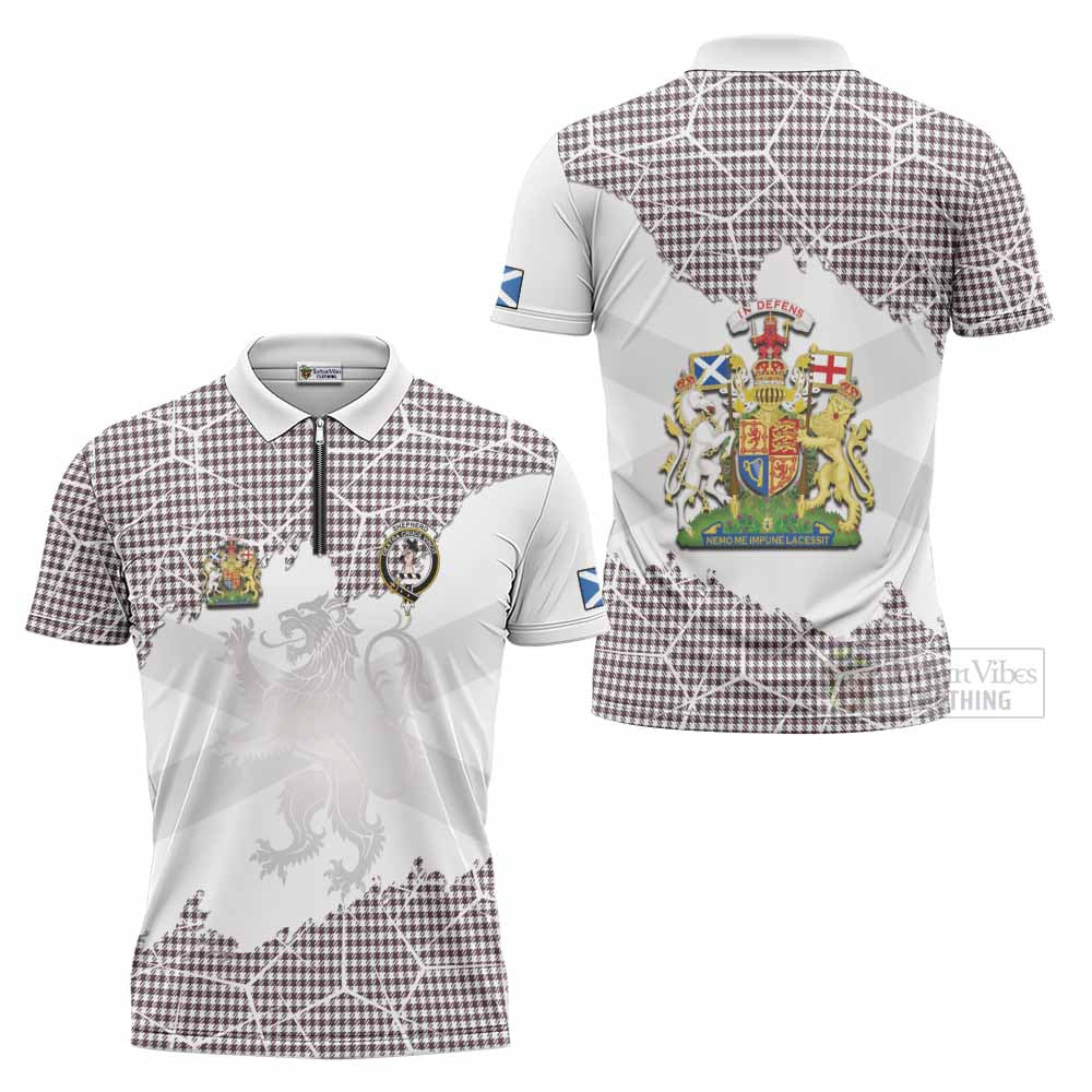 Shepherd Tartan Zipper Polo Shirt with Family Crest and Lion Rampant Grunge Style