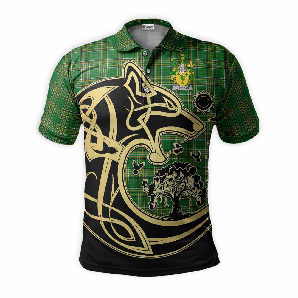 Tartan Vibes Clothing Sheridan Irish Tartan Polo Shirt with Coat of Arms Celtic Wolf Style
