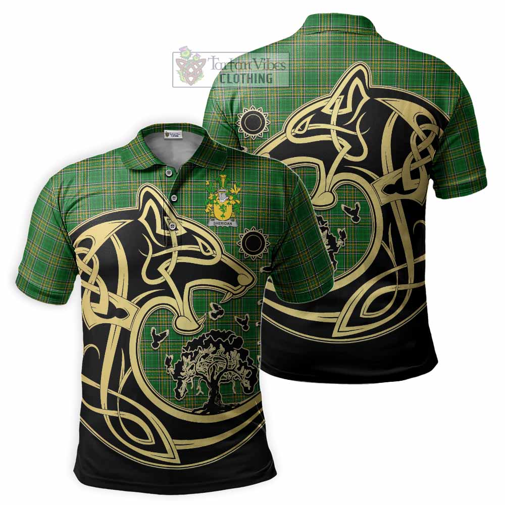 Tartan Vibes Clothing Sheridan Irish Tartan Polo Shirt with Coat of Arms Celtic Wolf Style