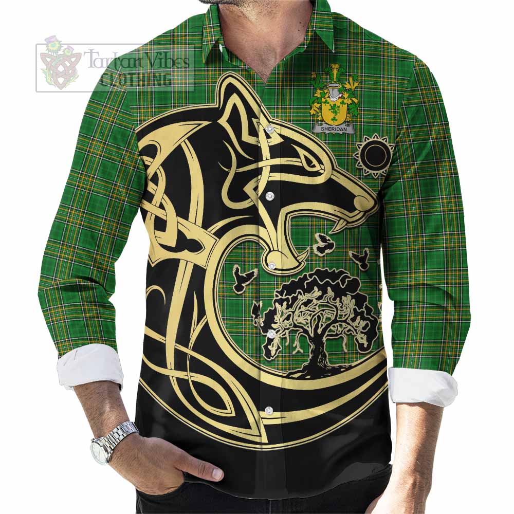 Sheridan Irish Tartan Long Sleeve Button Shirt with Coat of Arms Celtic Wolf Style - Tartan Vibes Clothing