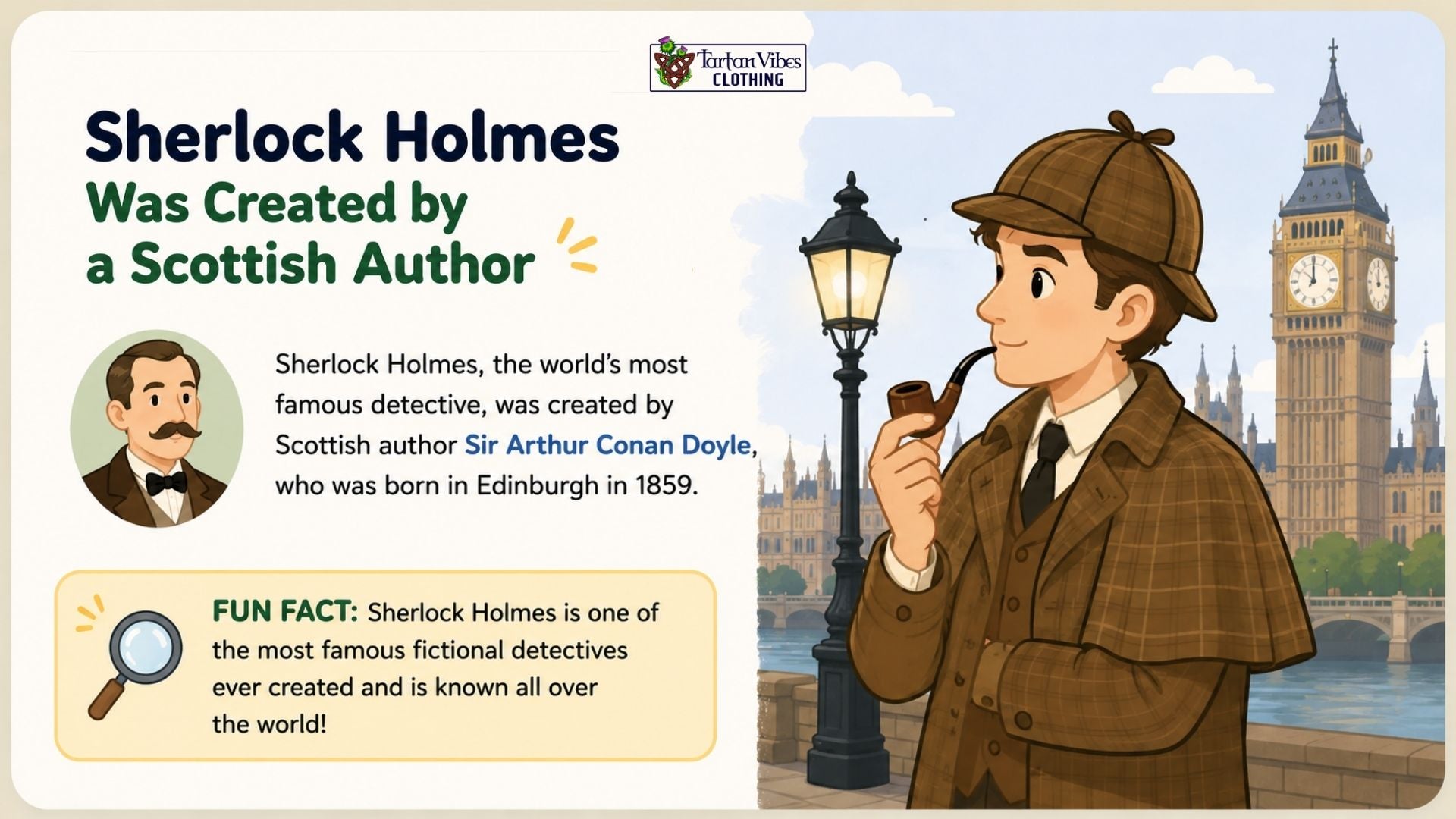 Sherlock Holmes and Scottish author Sir Arthur Conan Doyle in an illustrated scene