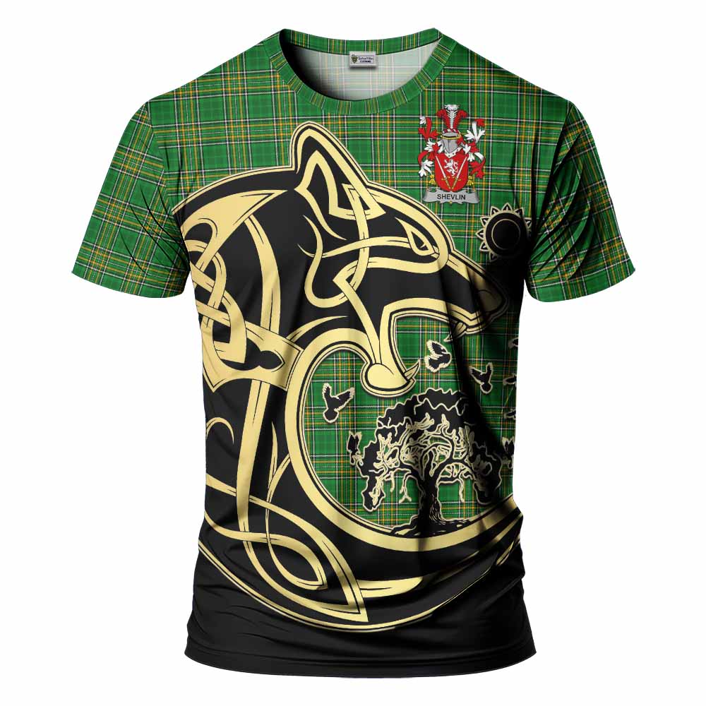 Tartan Vibes Clothing Shevlin Irish Tartan T-Shirt with Coat of Arms Celtic Wolf Style