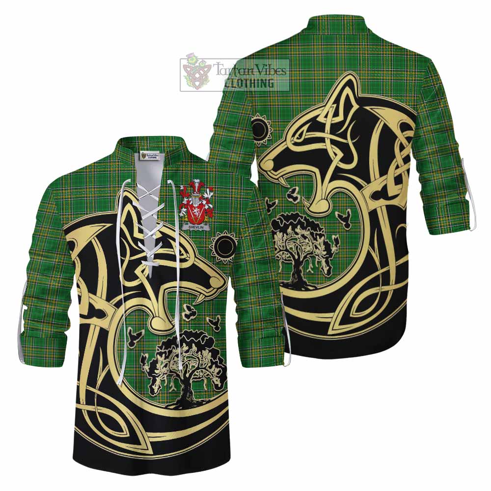 Tartan Vibes Clothing Shevlin Irish Tartan Ghillie Kilt Shirt with Coat of Arms Celtic Wolf Style