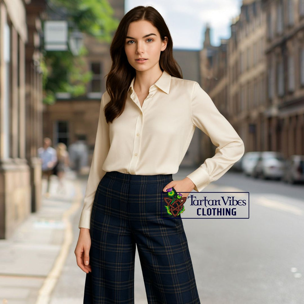Silk Blouse with Navy Tartan Plaid Wide-Leg Pants 
