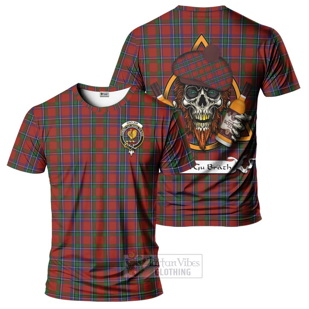 Tartan Vibes Clothing Sinclair Tartan T-Shirt with Family Crest and Bearded Skull Holding Bottles of Whiskey