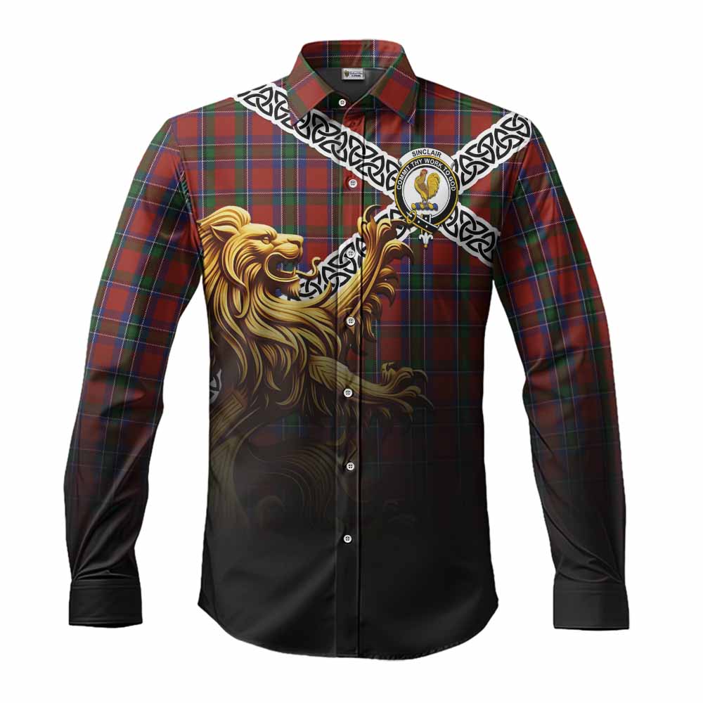 Tartan Vibes Clothing Sinclair Crest Tartan Long Sleeve Button Shirt with Golden Lion Emblem Celtic Style