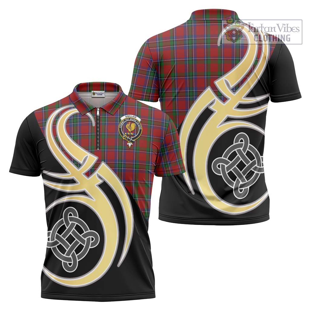 Tartan Vibes Clothing Sinclair Tartan Zipper Polo Shirt with Family Crest and Celtic Symbol Style