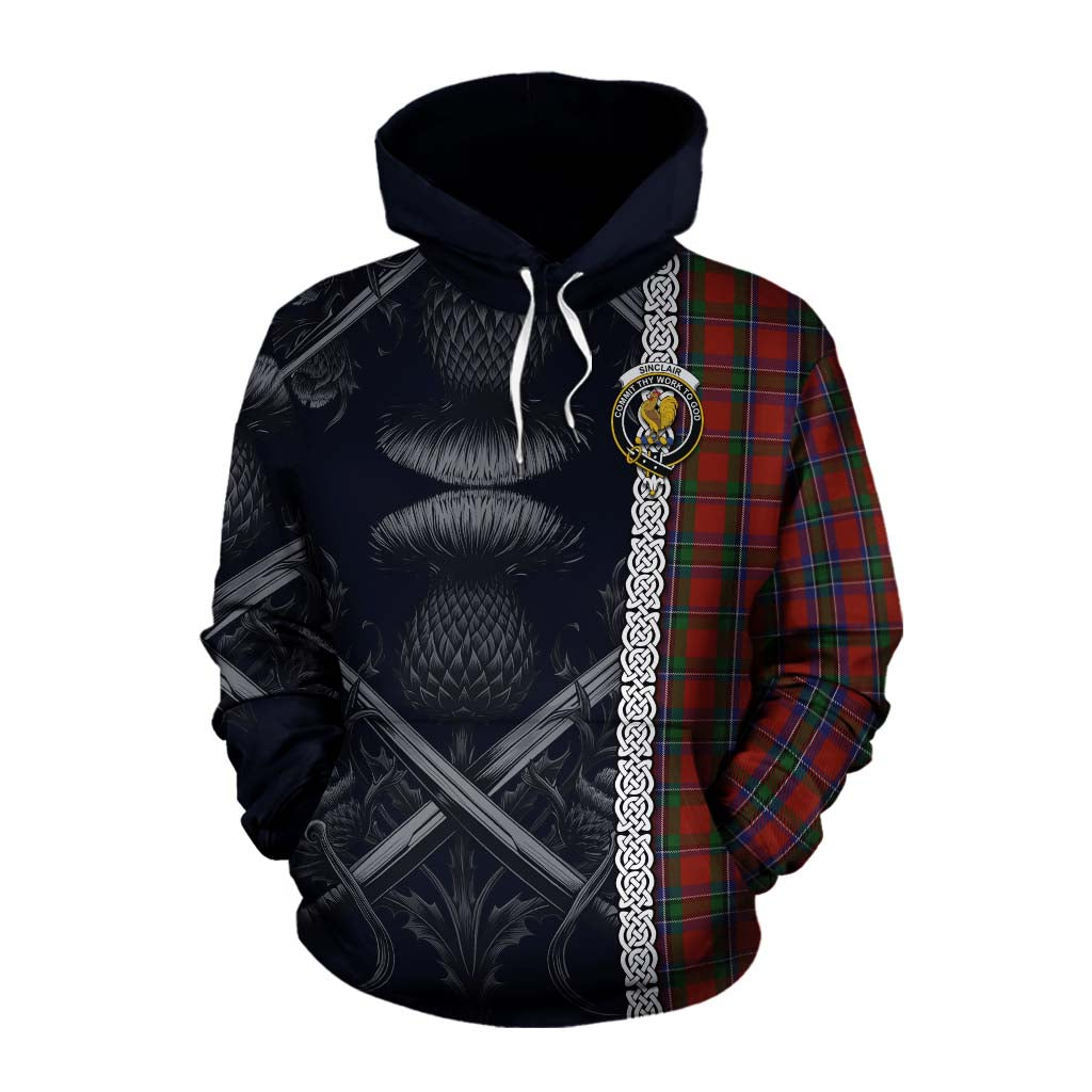 Tartan Vibes Clothing Sinclair Tartan Cotton Hoodie with Family Crest Cross Sword Thistle Celtic Vibes