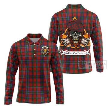 Sinclair Tartan Long Sleeve Polo Shirt with Family Crest and Bearded Skull Holding Bottles of Whiskey