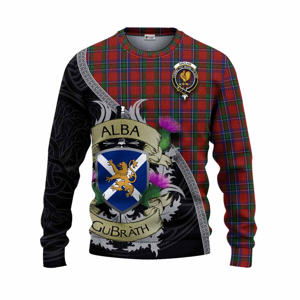 Tartan Vibes Clothing Sinclair Tartan Family Crest Knitted Sweater Lion Rampant Royal Thistle Shield Celtic Inspired