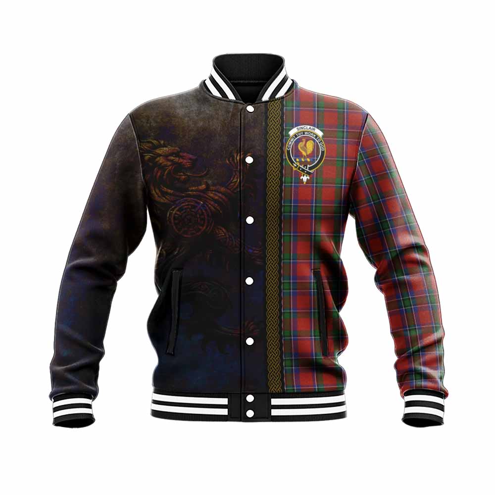 Tartan Vibes Clothing Sinclair Tartan Family Crest Baseball Jacket Alba Gu Brath Be Brave Lion Ancient Style