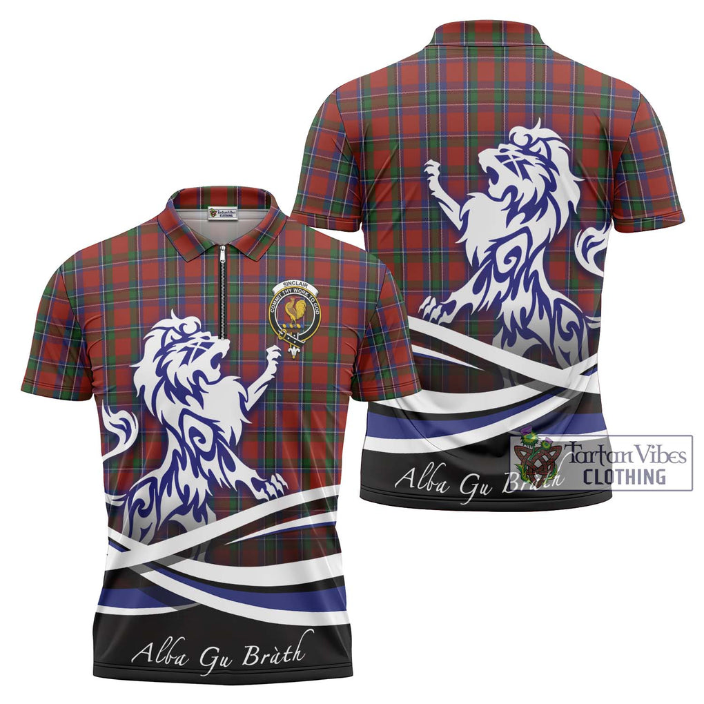 Sinclair Tartan Zipper Polo Shirt with Alba Gu Brath Regal Lion Emblem Unisex - Tartan Vibes Clothing