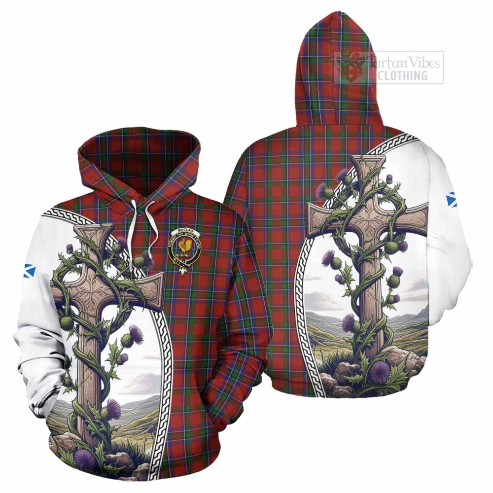 Tartan Vibes Clothing Sinclair Tartan Hoodie with Family Crest and St. Andrew's Cross Accented by Thistle Vines