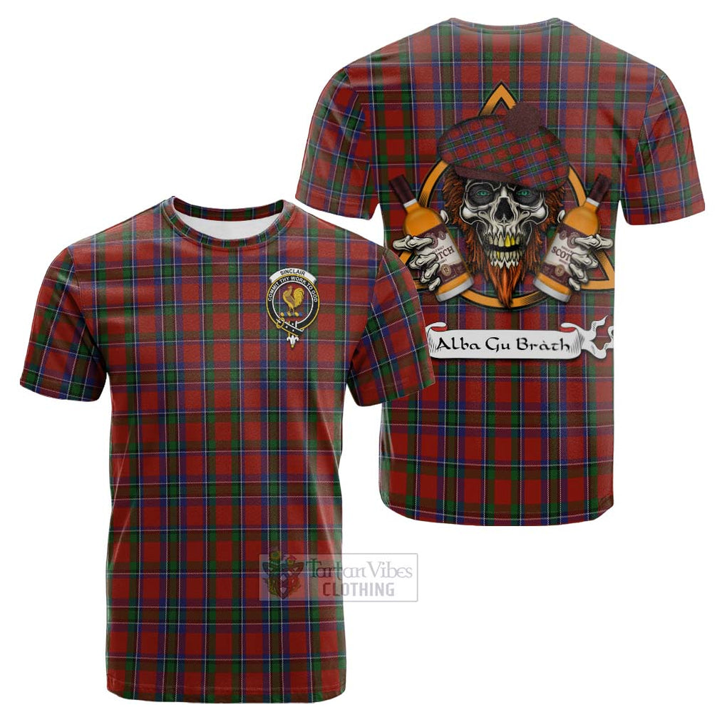 Tartan Vibes Clothing Sinclair Tartan Cotton T-shirt with Family Crest and Bearded Skull Holding Bottles of Whiskey