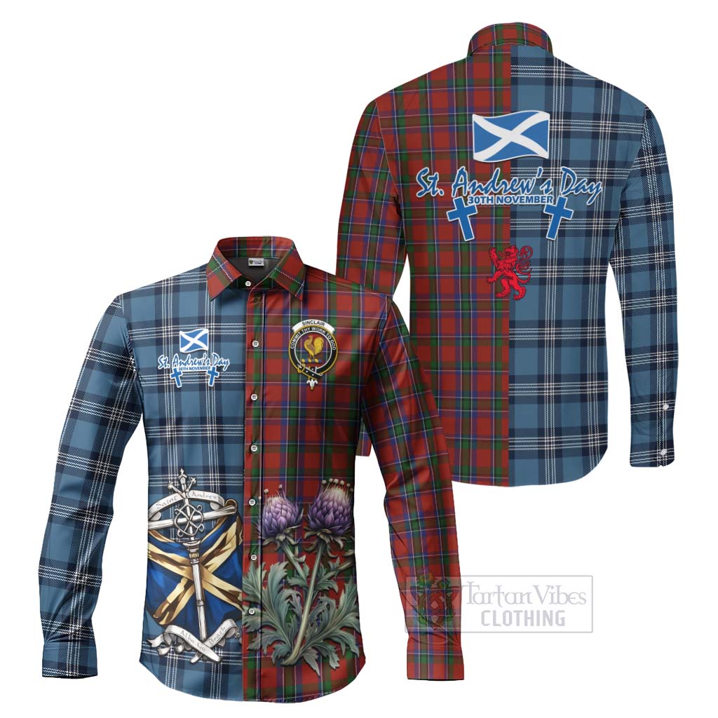 Tartan Vibes Clothing Sinclair Tartan Long Sleeve Button Shirt Happy St. Andrew's Day Half Tartan Style