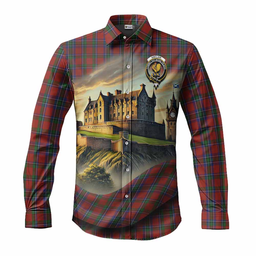 Tartan Vibes Clothing Sinclair Tartan Family Crest Long Sleeve Button Shirt with Scottish Ancient Castle Style