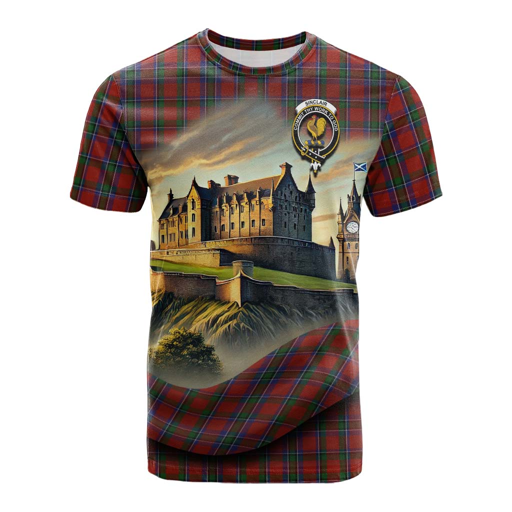 Tartan Vibes Clothing Sinclair Tartan Family Crest Cotton T-shirt with Scottish Ancient Castle Style